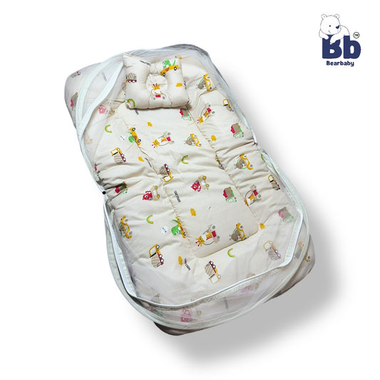 Baby Bed with Thick Mattress & Mosquito Net & Neck Pillowwith Zip Closure-Animal Print