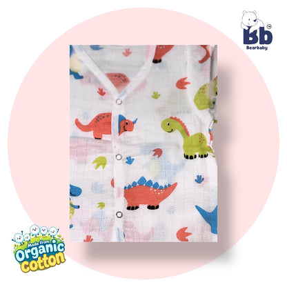 Baby Unisex Organic Cotton Muslin Full Sleeves Jhabla & Payjama Set - Size 9m-12m-Rino Print