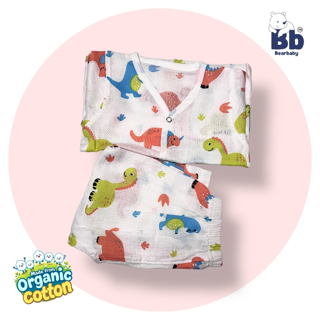 Baby Unisex Organic Cotton Muslin Full Sleeves Jhabla & Payjama Set - Size 9m-12m-Rino Print