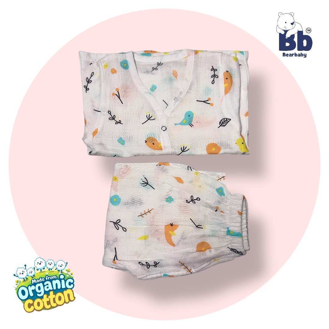 Baby Unisex Organic Cotton Muslin Full Sleeves Jhabla & Payjama Set - Size 9m-12m-Bird Print
