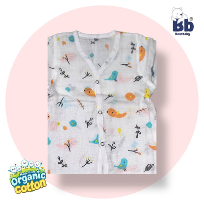 Baby Unisex Organic Cotton Muslin Full Sleeves Jhabla & Payjama Set - Size 9m-12m-Bird Print