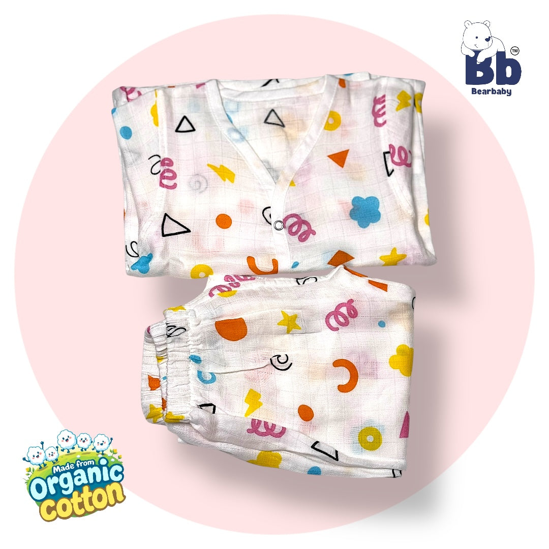 Baby Unisex Organic Cotton Muslin Full Sleeves Jhabla & Payjama Set - Size 9m-12m-Shape Pattern