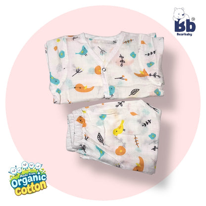 Baby Unisex Organic Cotton Muslin Full Sleeves Jhabla & Payjama Set - Size 6m-9m-Bird Print
