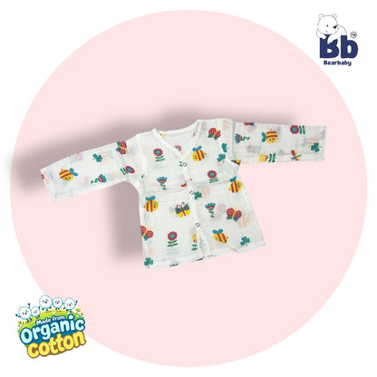 Baby Unisex Organic Cotton Muslin Full Sleeves Jhabla & Payjama Set - Size 6m-9m-Bee Print