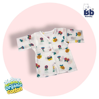 Baby Unisex Organic Cotton Muslin Full Sleeves Jhabla & Payjama Set - Size 6m-9m-Bee Print