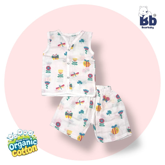 Baby Unisex Organic Cotton Muslin  Sleevless Jhabla & Payjama Set - Size 3m-6m- Bee Print