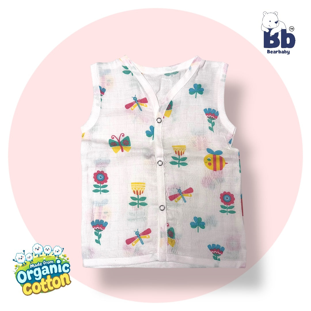 Baby Unisex Organic Cotton Muslin  Sleevless Jhabla & Payjama Set - Size 3m-6m- Bee Print