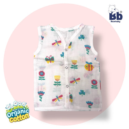 Baby Unisex Organic Cotton Muslin  Sleevless Jhabla & Payjama Set - Size 3m-6m- Bee Print