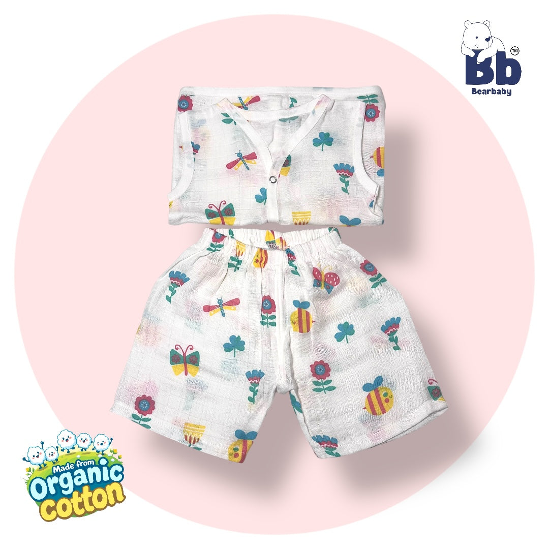 Baby Unisex Organic Cotton Muslin  Sleevless Jhabla & Payjama Set - Size 3m-6m- Bee Print