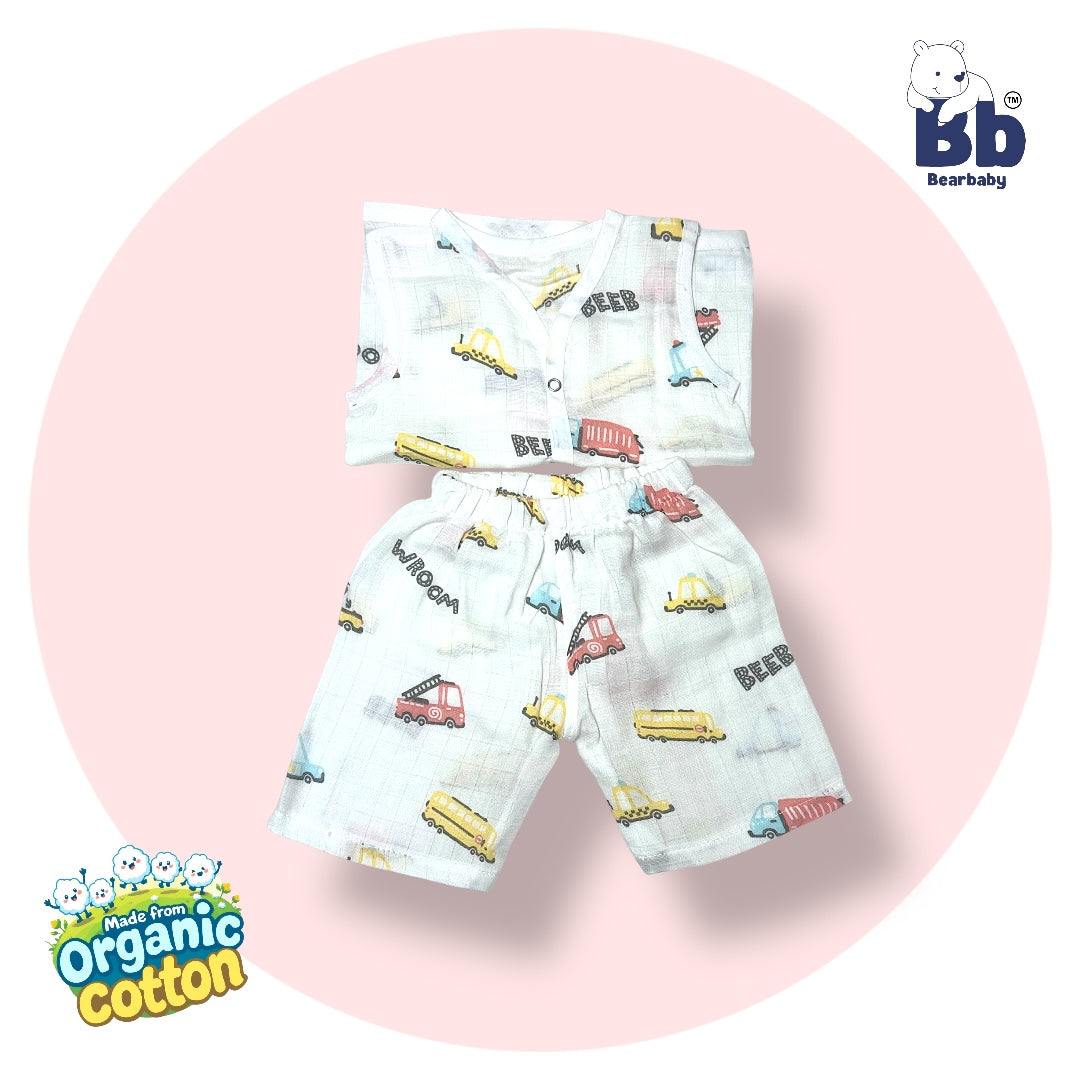 Baby Unisex Organic Cotton Muslin  Sleevless Jhabla & Payjama Set - Size 3m-6m-Truck Print