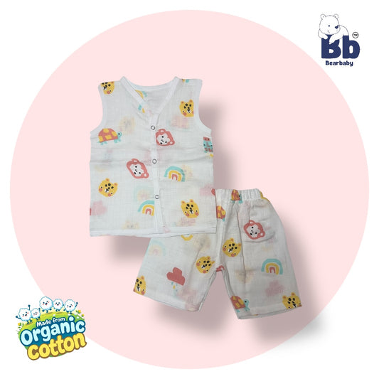 Baby Unisex Organic Cotton Muslin  Sleevless Jhabla & Payjama Set - Size 3m-6m-Monkey Print