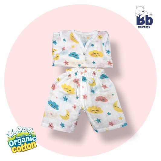 Baby Unisex Organic Cotton Muslin  Sleevless Jhabla & Payjama Set - Size 3m-6m-cloud Print