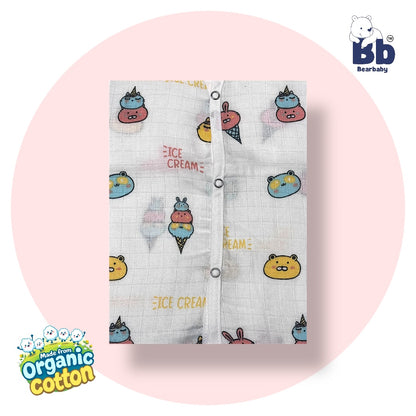 Baby Unisex Organic Cotton Muslin  Sleevless Jhabla & Payjama Set - Size 9m-12m-Ice Cream Print