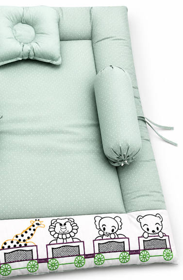Portable Mint Green Baby Mattress Set with Side Bolsters and Pillow for Comfortable Newborn Sleep