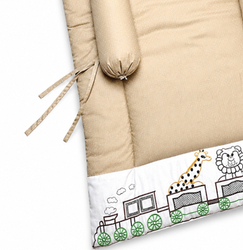 Comfortable Baby Sleeping Mattress Set with Beige Polka Dot Fabric and Embroidered Animal Train Theme