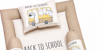 Bearbaby Baby Sleeping Mattress Set with Pillow and Bolsters Featuring Cute School Bus Animal Print
