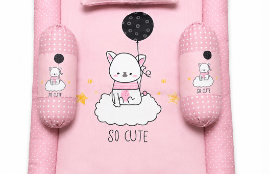 Bearbaby Pink Baby Sleeping Mattress Set with Cute Bunny So Cute Print, Pillow and Side Bolsters for Newborns