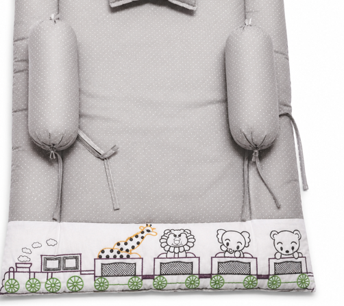 Grey Baby Bedding Set with Soft Cotton Mattress, Bolsters and Embroidered Animal Train Theme for Babies