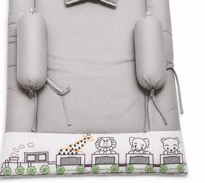 Grey Baby Bedding Set with Soft Cotton Mattress, Bolsters and Embroidered Animal Train Theme for Babies
