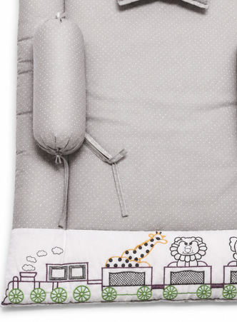 Bearbaby Grey Baby Sleeping Mattress Set with Pillow and Side Bolsters Featuring Embroidered Animal Train Design