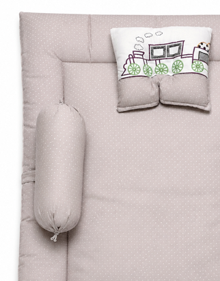 Bearbaby Grey Baby Sleeping Mattress Set with Soft Cotton Pillow and Side Bolsters Featuring Embroidered Animal Train Design for Newborns and Infants