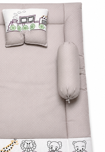 Bearbaby Newborn Baby Mattress with Grey Polka Dot Fabric and Cute Embroidered Train, Giraffe, Lion, Koala and Bear Design