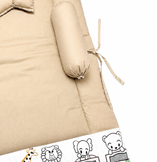 Bearbaby Beige Baby Sleeping Mattress Set with Pillow and Side Bolsters Featuring Embroidered Animal Train Design