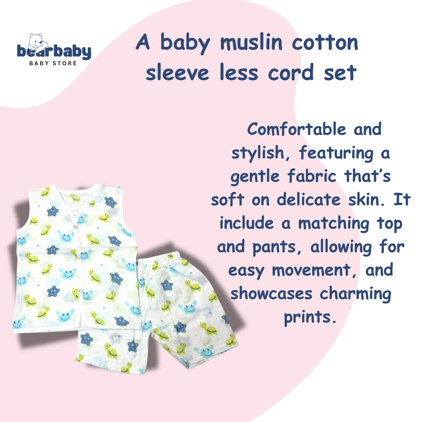 Baby muslin cotton sleeveless top and pants set with text on a pink background Sleeveless Jhabla and Pajama

