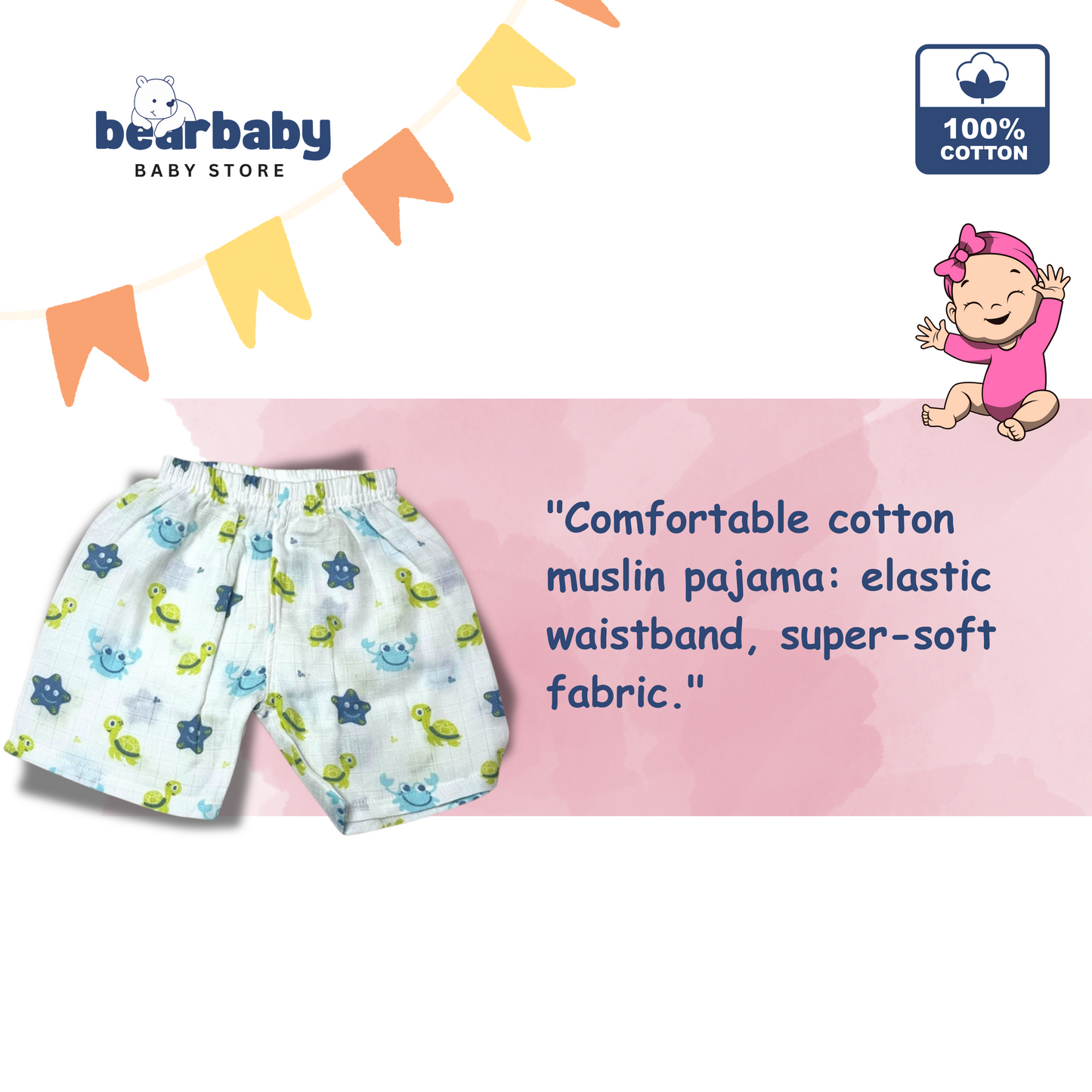 Baby pajama with turtle pattern on a pink background with colorful flags and bearbaby branding. Sleeveless Jhabla and Pajama