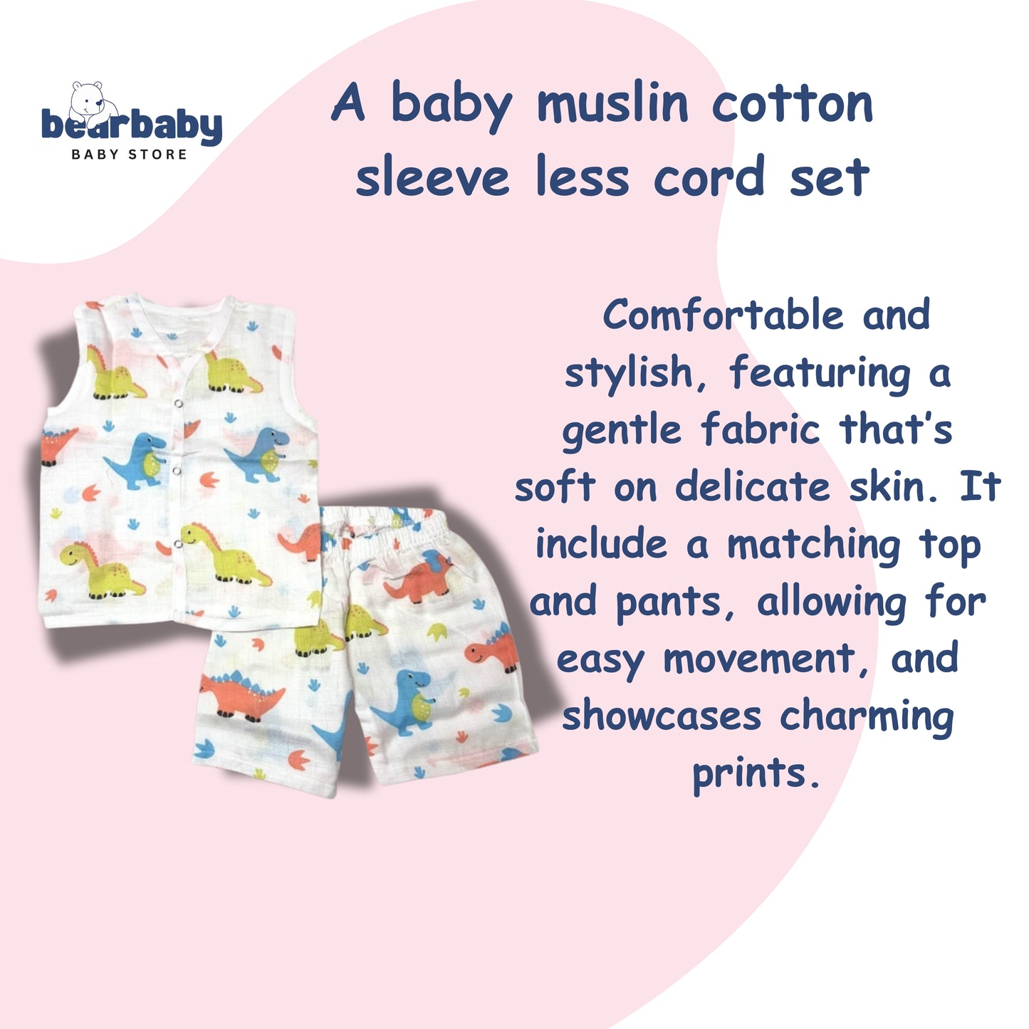 Baby muslin cotton sleeveless top and pants set with dinosaur prints on a pink background, featuring Bearbaby Baby Store branding.