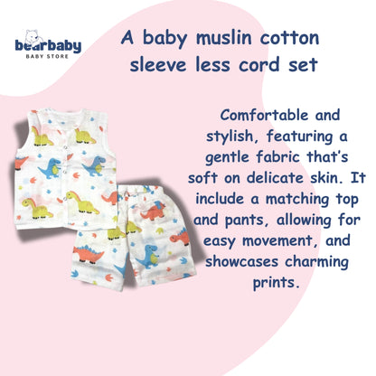 Baby muslin cotton sleeveless top and pants set with dinosaur prints on a pink background, featuring Bearbaby Baby Store branding.