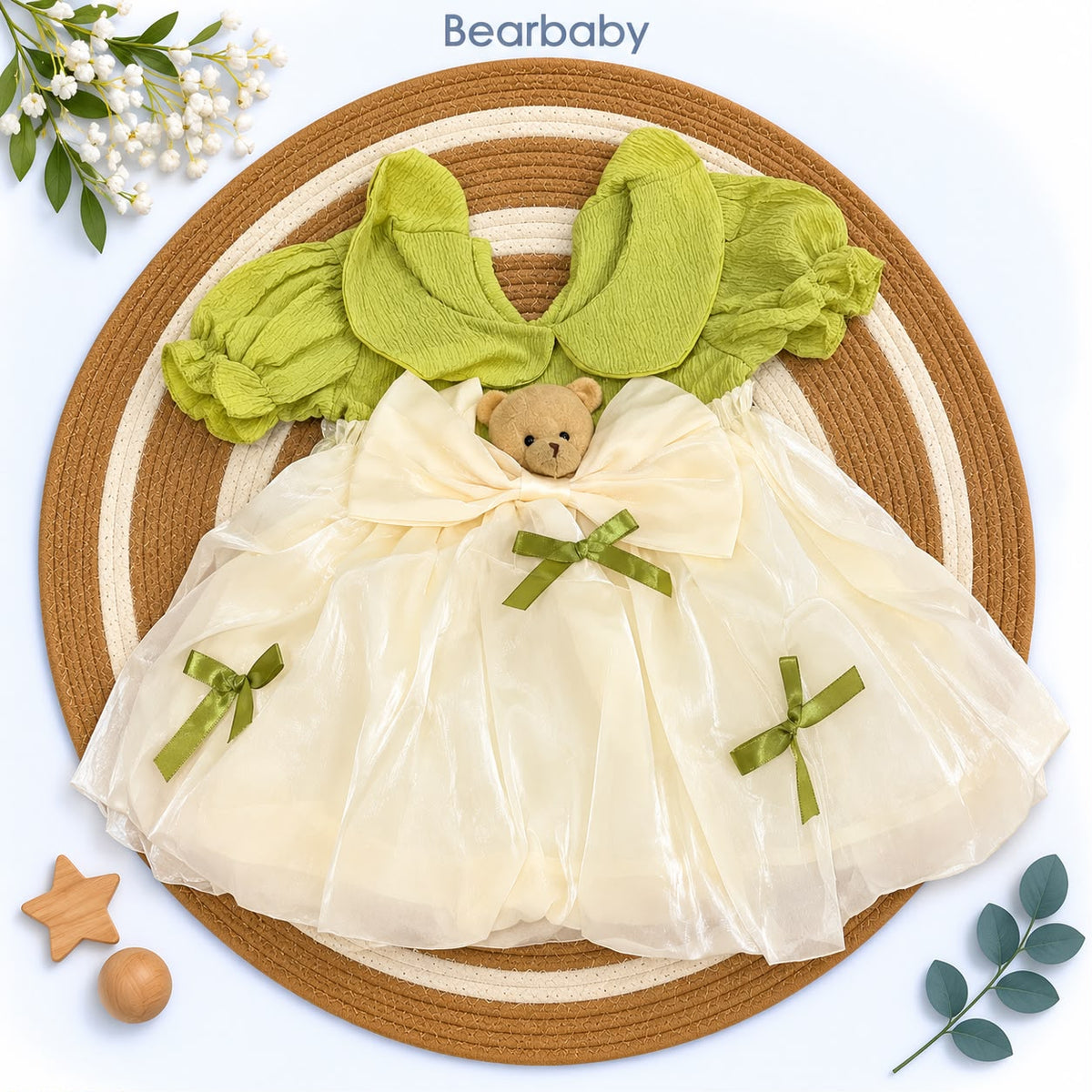 Bearbaby Girls Party Wear Dress Set with Bow & Floral Detail – Green & Red