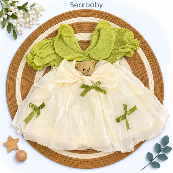 Bearbaby Girls Party Wear Dress Set with Bow & Floral Detail – Green & Red
