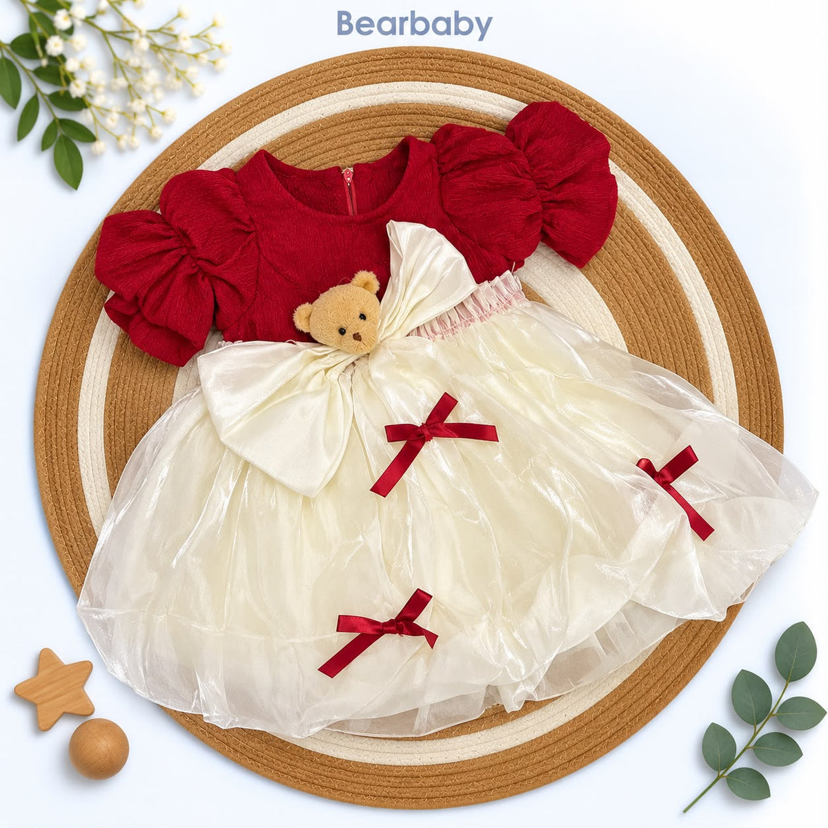 Bearbaby Girls Party Wear Dress Set with Bow & Floral Detail – Green & Red