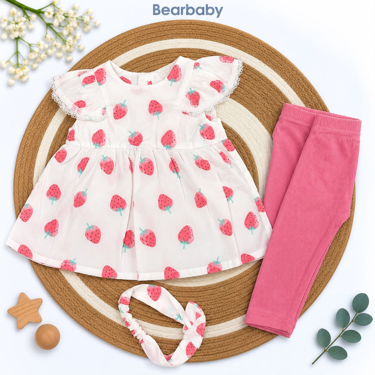 Bearbaby Baby Girl Strawberry Dress Set with Pink Leggings & Headband – 3 Piece Summer Outfit--0