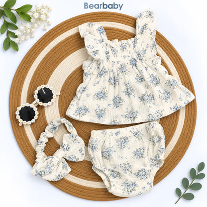 Bearbaby Baby Girl Floral Dress Set with Bloomer & Headband – 3 Piece Summer Outfit