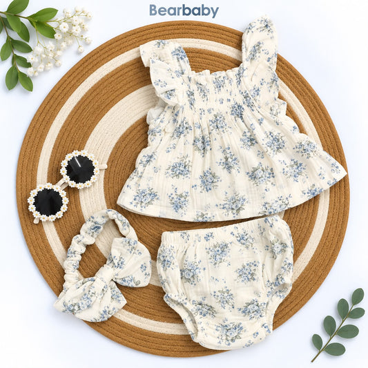Bearbaby Baby Girl Floral Dress Set with Bloomer & Headband – 3 Piece Summer Outfit