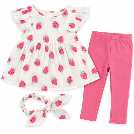 Bearbaby Baby Girl Strawberry Dress Set with Pink Leggings & Headband – 3 Piece Summer Outfit--0