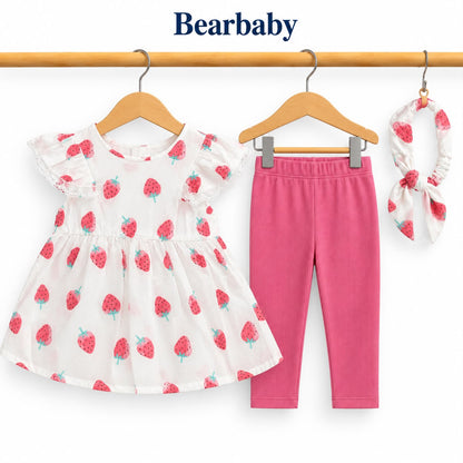 Bearbaby Baby Girl Strawberry Dress Set with Pink Leggings & Headband – 3 Piece Summer Outfit--0