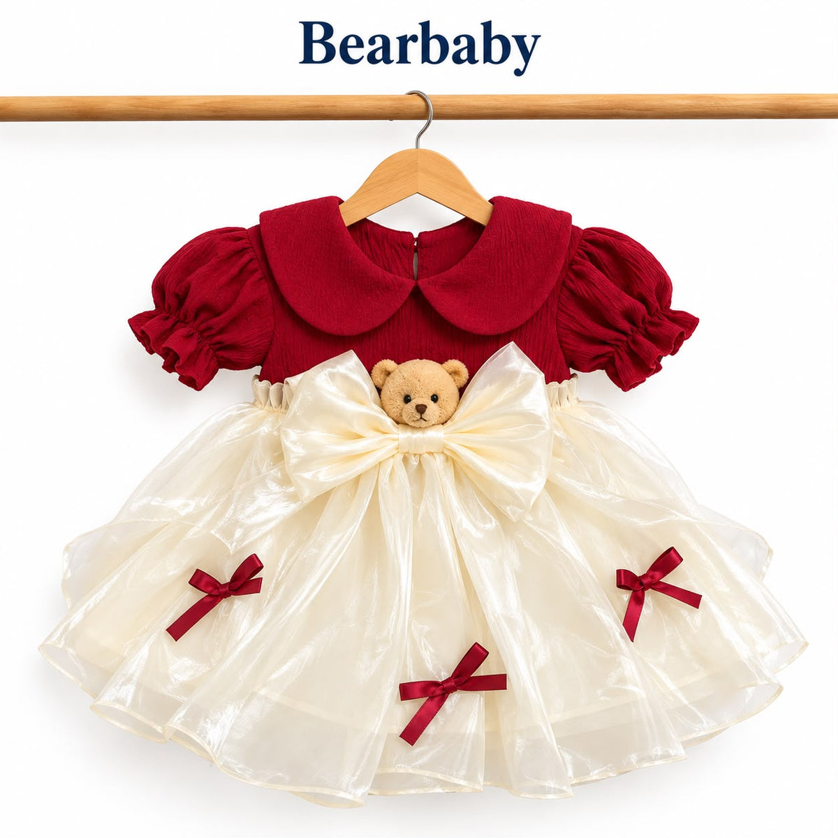 Bearbaby Girls Party Wear Dress Set with Bow & Floral Detail – Green & Red