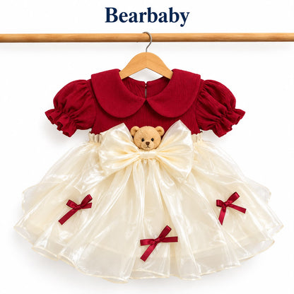 Bearbaby Girls Party Wear Dress Set with Bow & Floral Detail – Green & Red