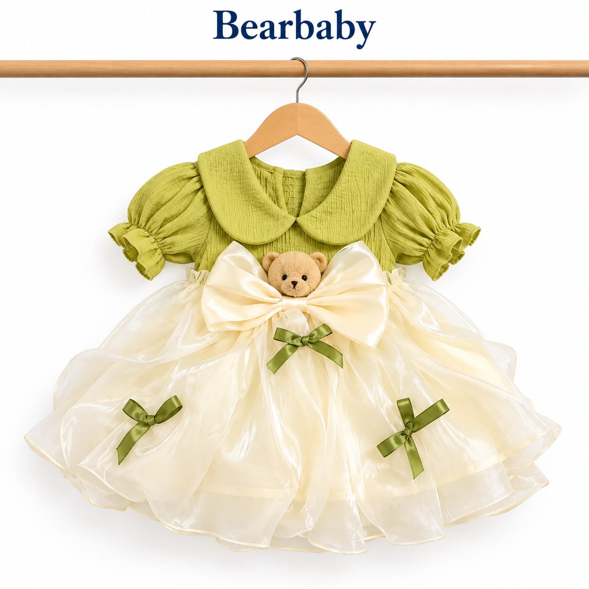 Bearbaby Girls Party Wear Dress Set with Bow & Floral Detail – Green & Red