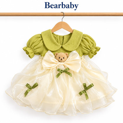 Bearbaby Girls Party Wear Dress Set with Bow & Floral Detail – Green & Red