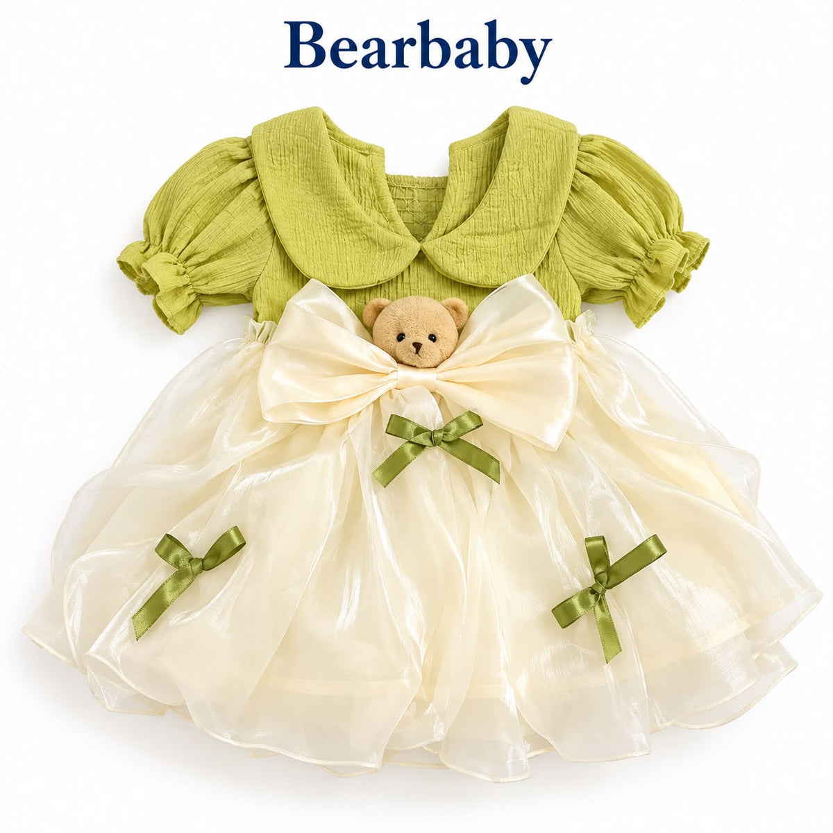 Bearbaby Girls Party Wear Dress Set with Bow & Floral Detail – Green & Red