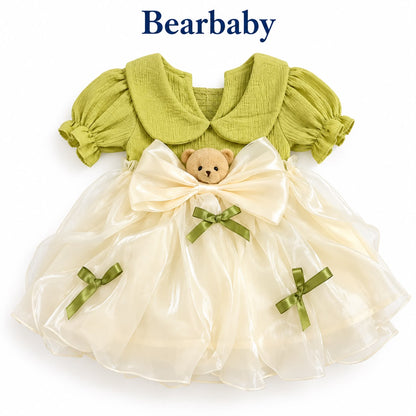 Bearbaby Girls Party Wear Dress Set with Bow & Floral Detail – Green & Red