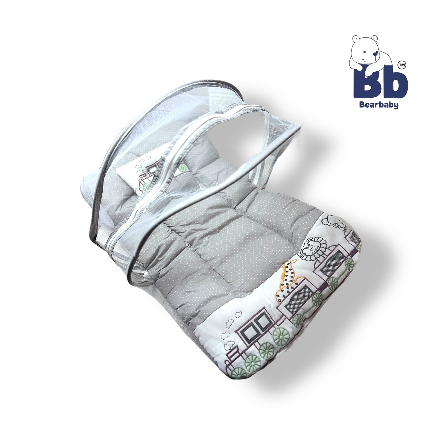 A gray baby bed with thick mattress, mosquito net, and neck pillow, featuring animal character designs and a zip closure.