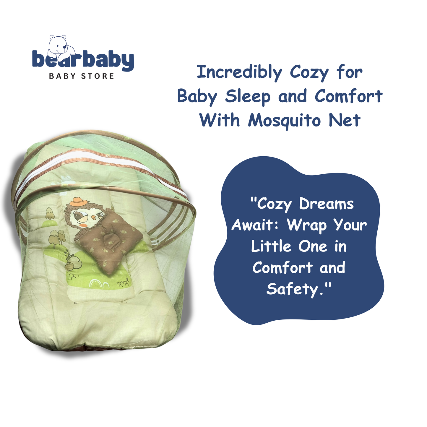 Baby sleeping bag with mosquito net and bearbaby branding on a white background “Newborn baby sleeping peacefully in a cotton baby mosquito net bed with mattress and pillow, safe baby sleeping bed with net for newborns protection.”