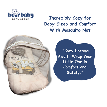 “Newborn baby sleeping peacefully in a cotton baby mosquito net bed with mattress and pillow, safe baby sleeping bed with net for newborns protection.”