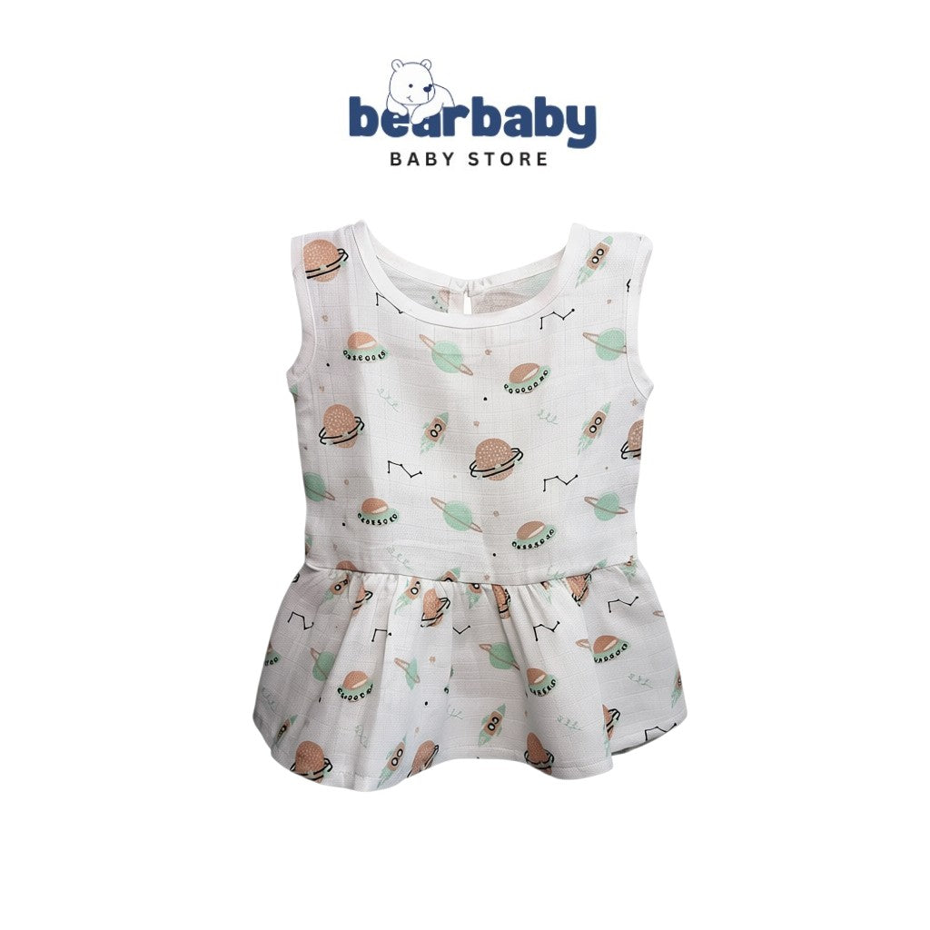 Bear Baby white organic cotton sleeveless baby frock with assorted planet and rocket print, peplum hem, 3-6 months.