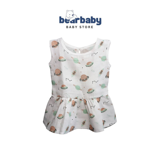 Bear Baby white organic cotton sleeveless baby frock with assorted planet and rocket print, peplum hem, 3-6 months.